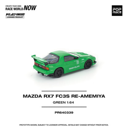 Green Mazda RX7 FC3S RE-Amemiya model car on a white background with branding and product details.