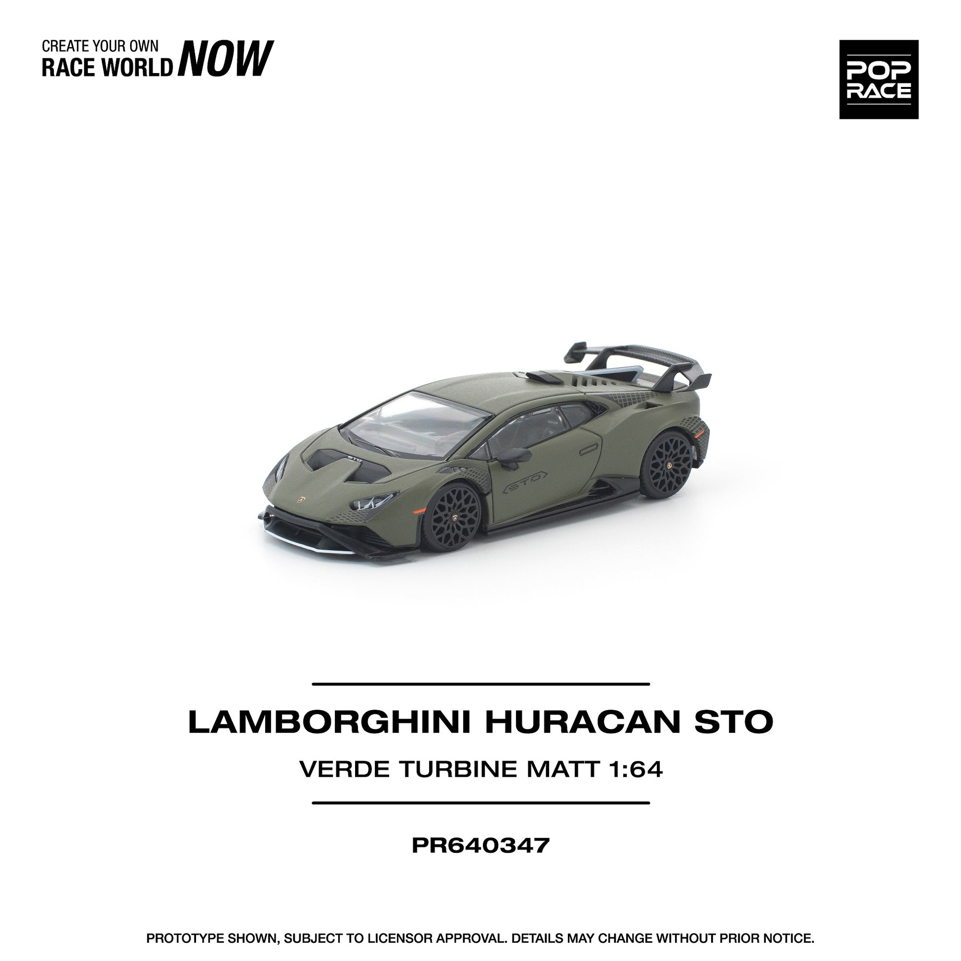 Model car of Lamborghini Huracan STO in Verde Turbine color on a white background with branding text.