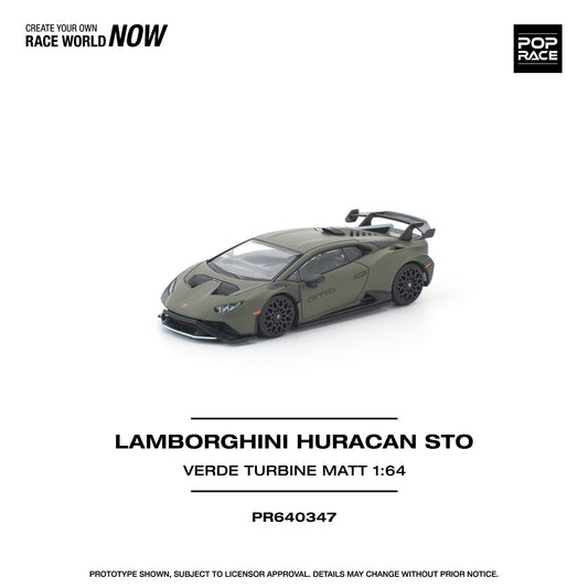 Model car of Lamborghini Huracan STO in Verde Turbine color on a white background with branding text.