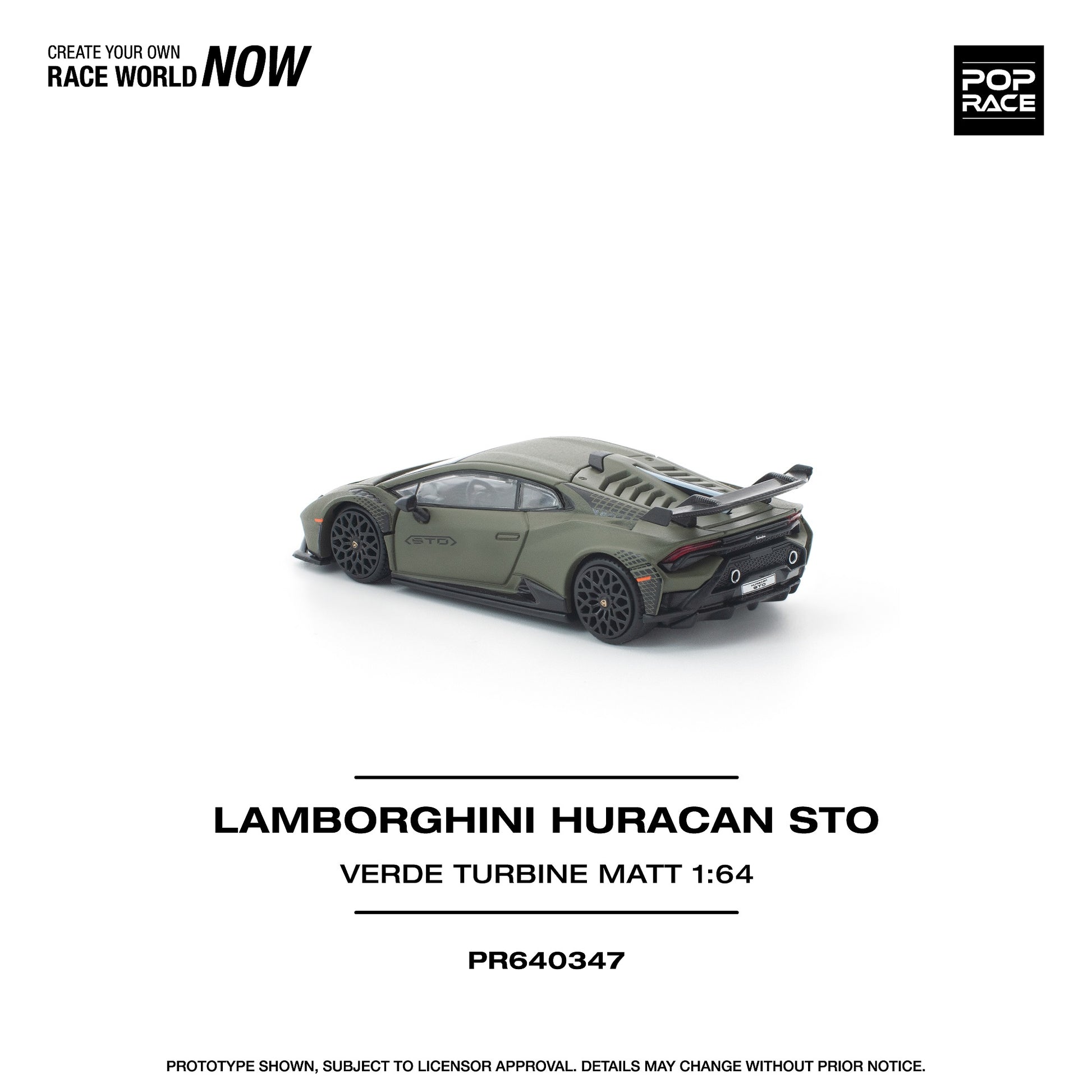 Model car of Lamborghini Huracan STO on a white background with branding text.