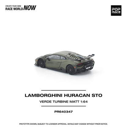 Model car of Lamborghini Huracan STO on a white background with branding text.