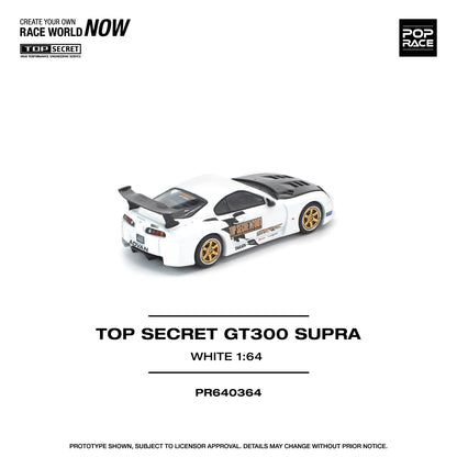 Model car of a Top Secret GT300 Supra on a white background with branding elements.
