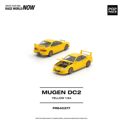 Yellow model car with open hood on a white background, featuring Pop Race branding.