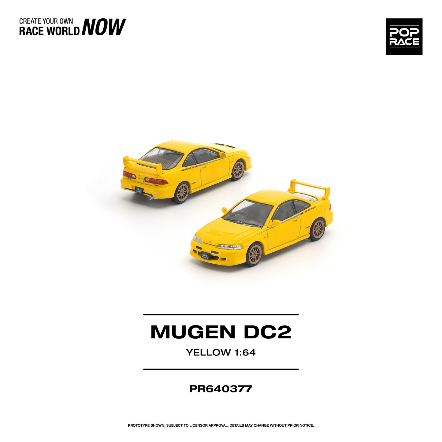 Yellow model car 'Mugen DC2' with branding and product details on a white background