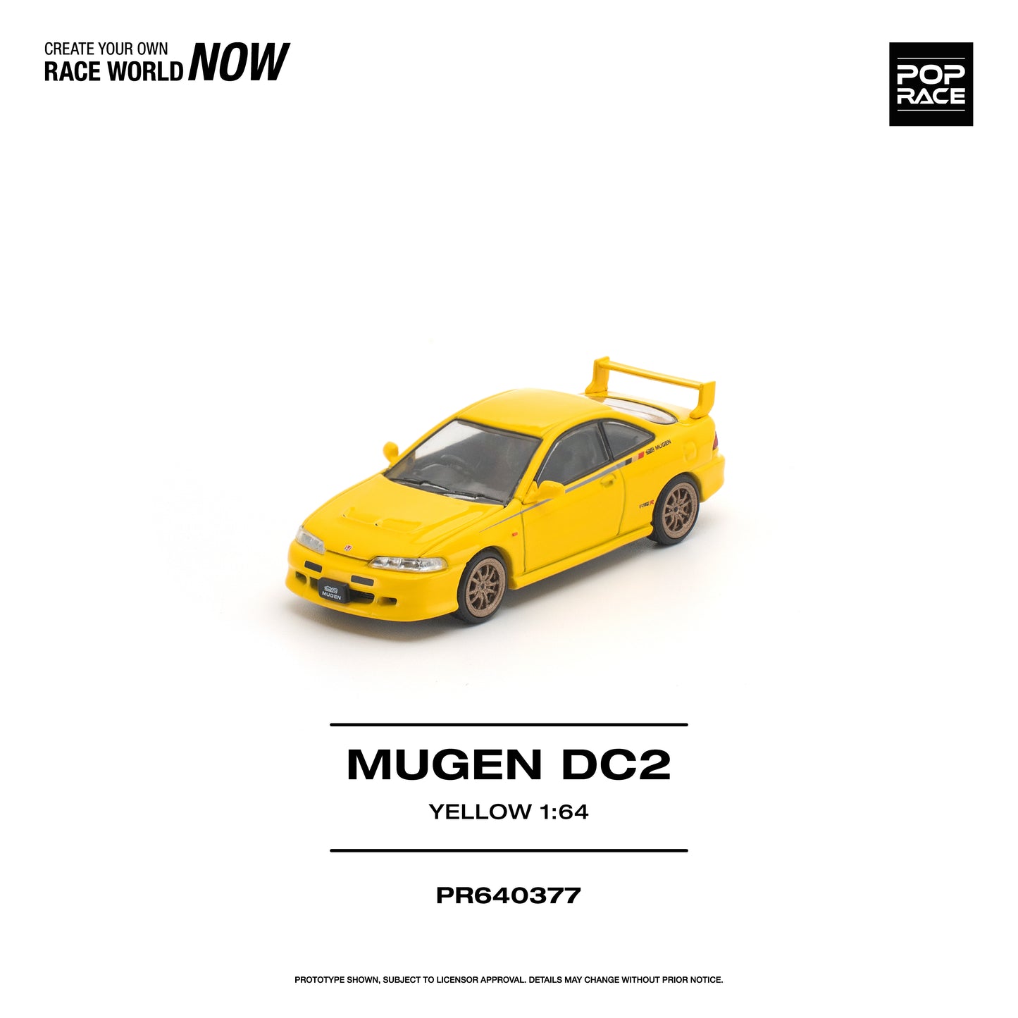 Yellow model car MUGEN DC2 on a white background with branding text.