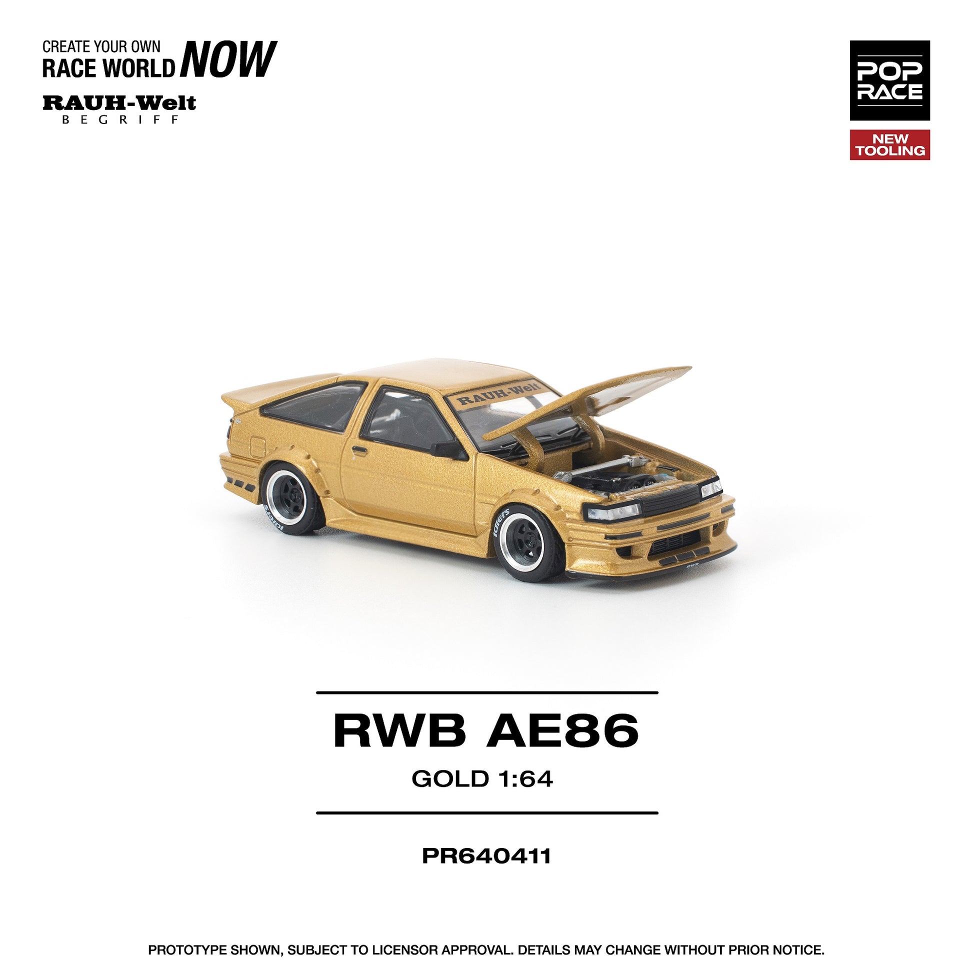 Model car of a gold RWB AE86 on a white background with branding and product details.