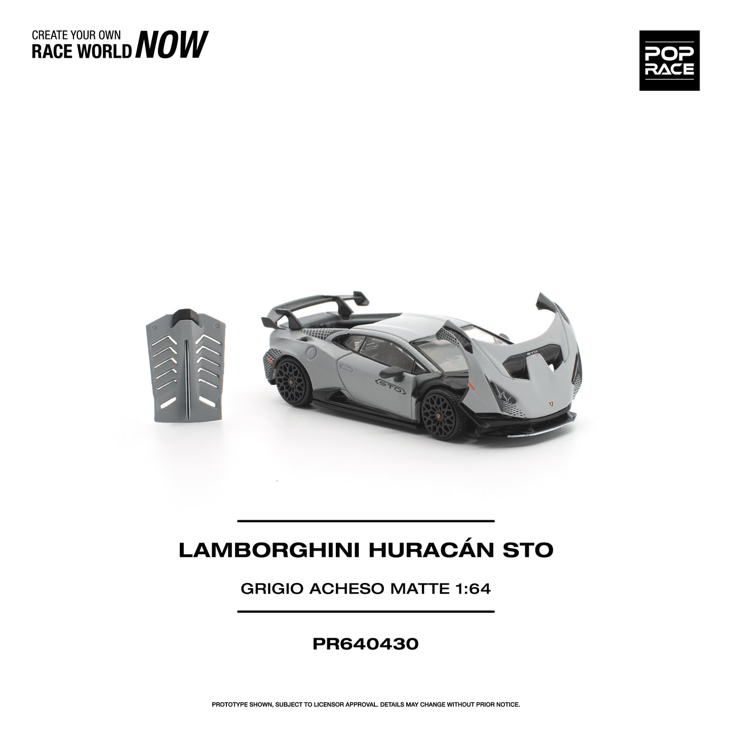 Lamborghini Huracán STO model car on a white background with 'Pop Race' branding.