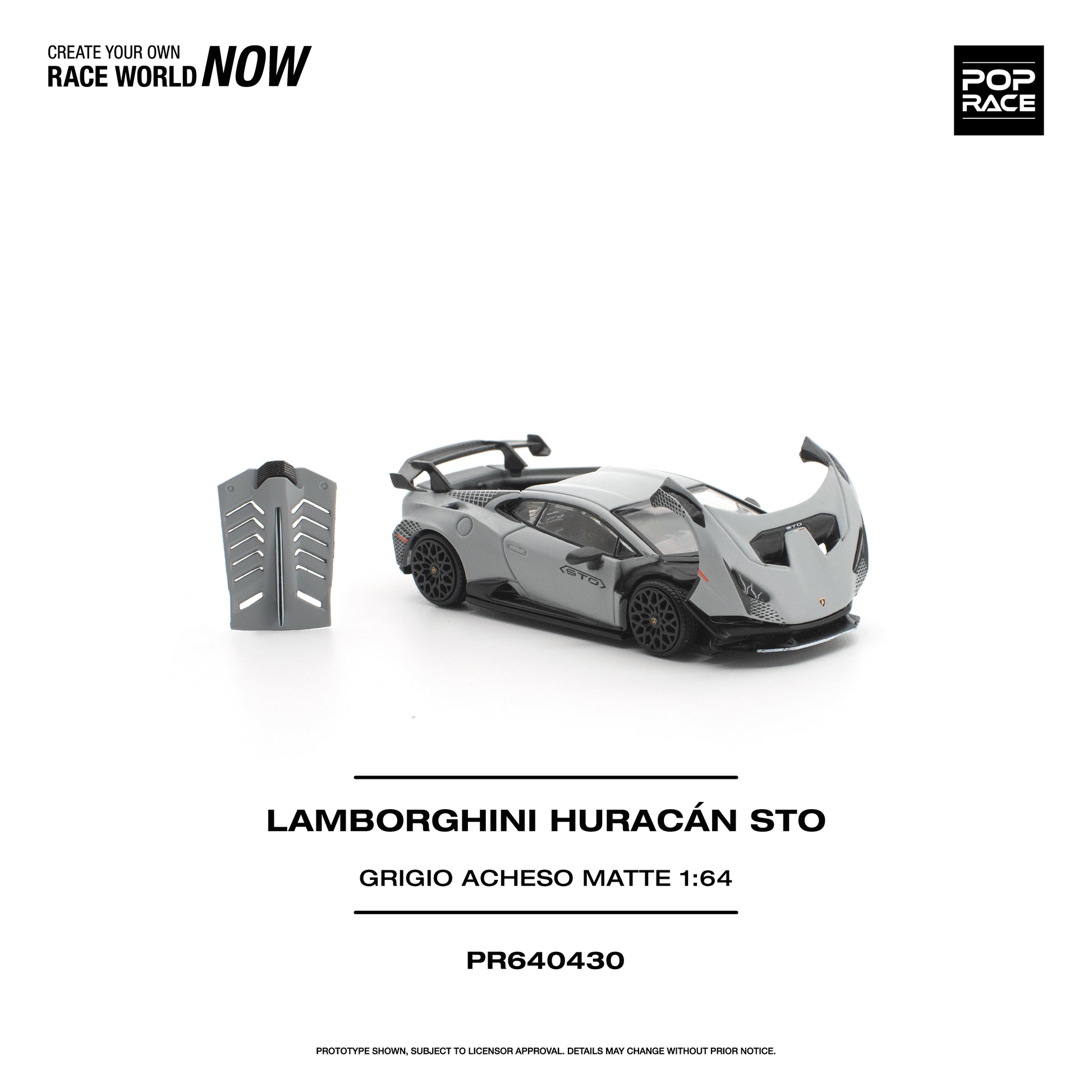 Lamborghini Huracán STO model car on a white background with 'Pop Race' branding.