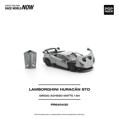 Lamborghini Huracán STO model car on a white background with 'Pop Race' branding.
