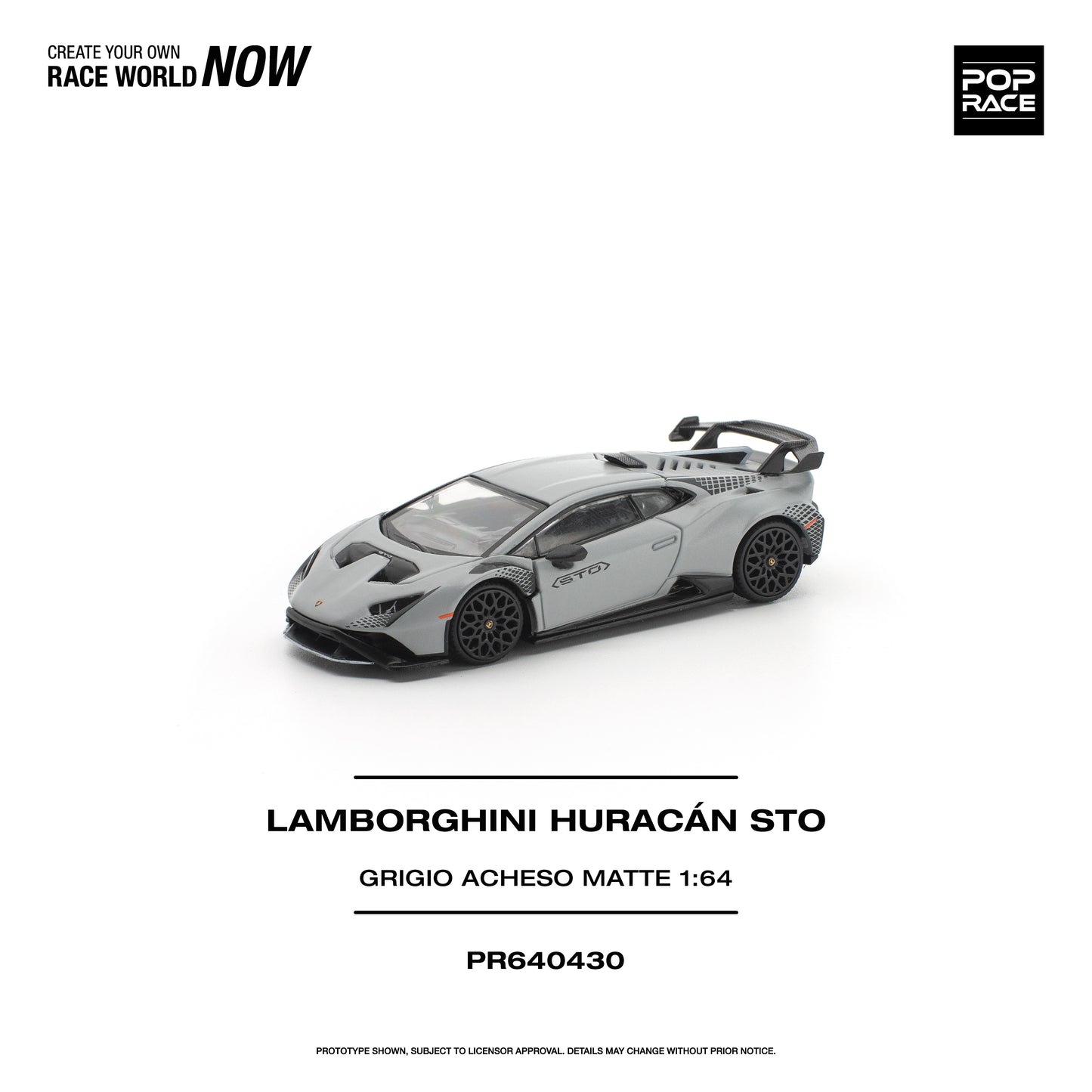 Model car of Lamborghini Huracán STO on a white background with branding text.