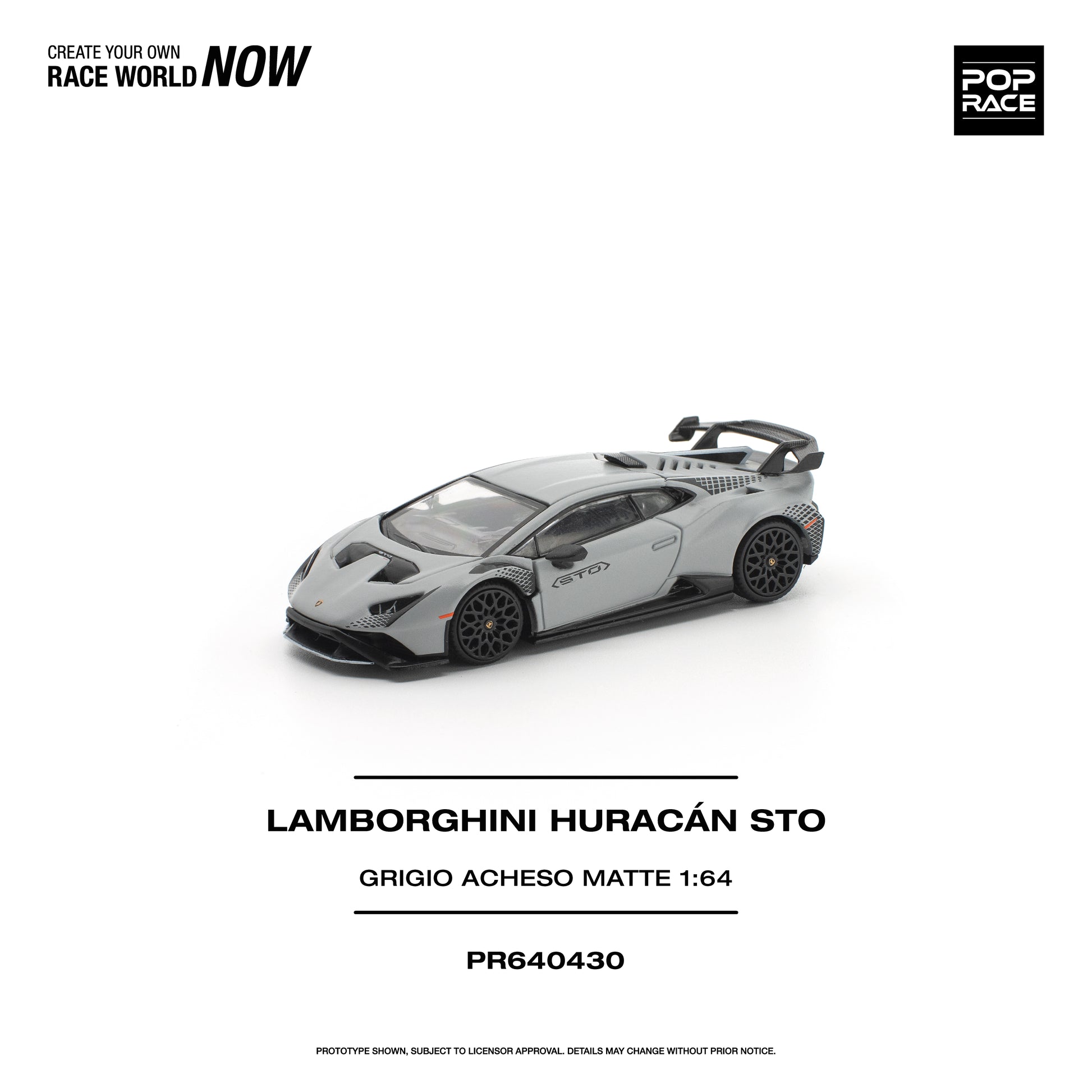 Model car of Lamborghini Huracán STO on a white background with branding text.