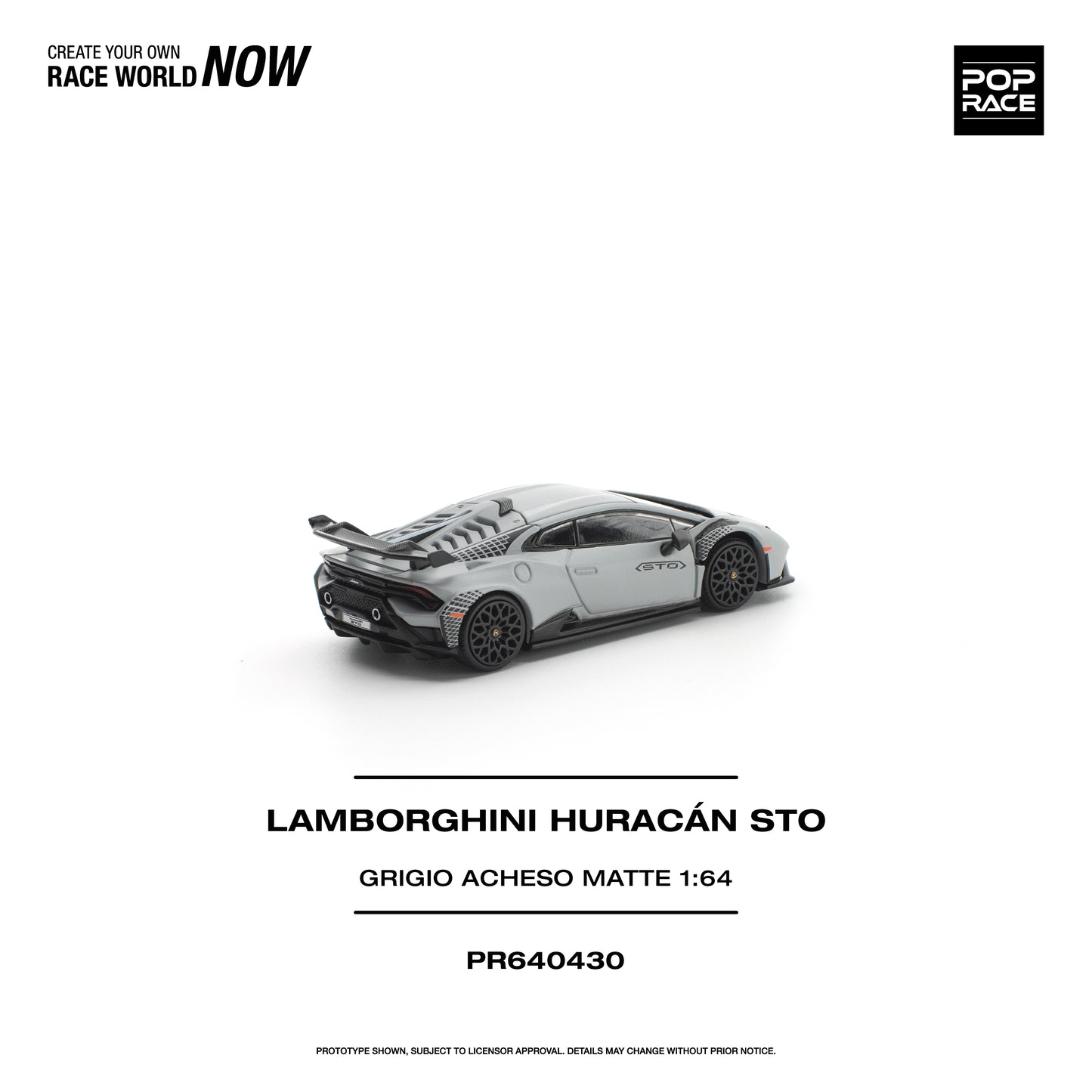 Model car of Lamborghini Huracán Sto on a white background with branding text.