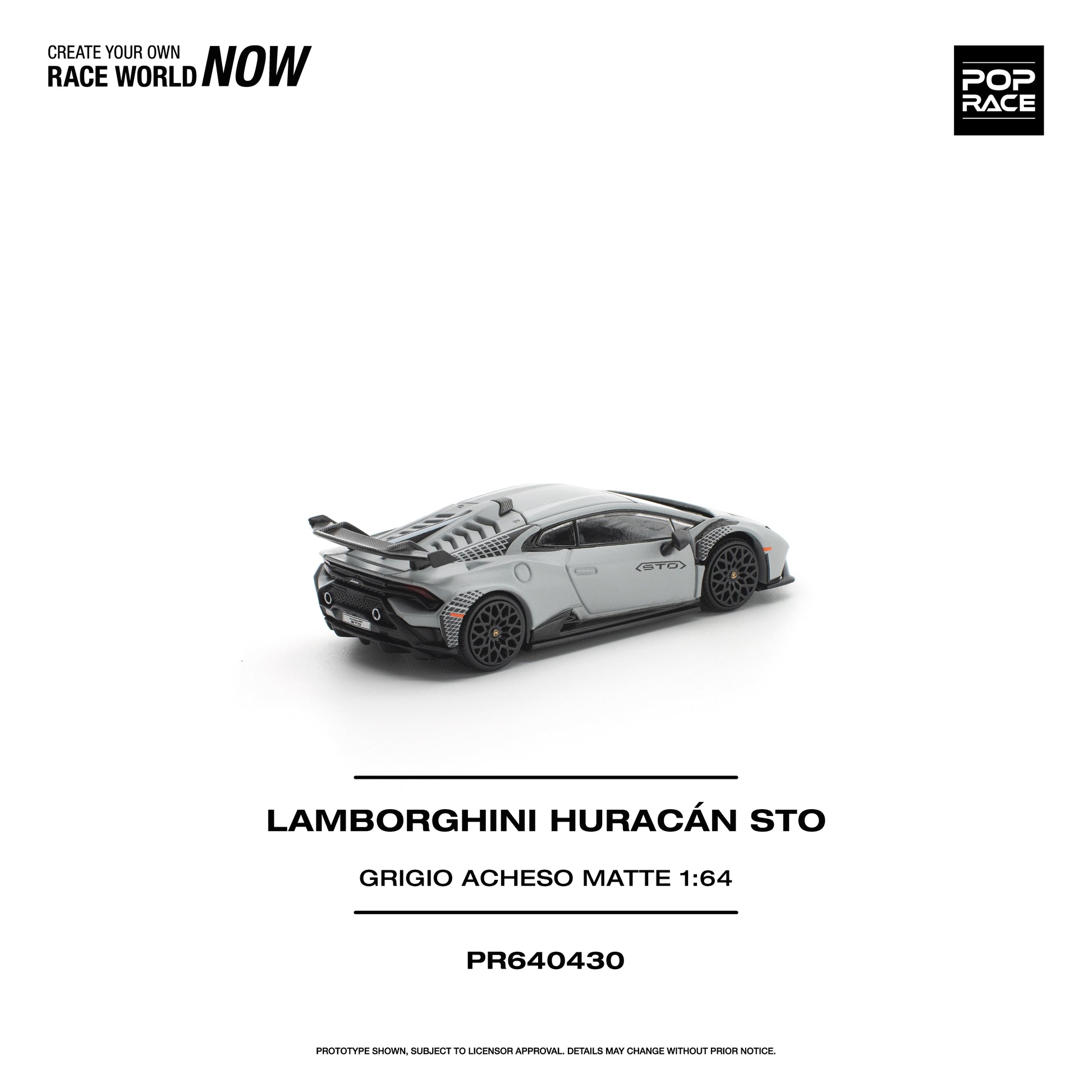 Model car of Lamborghini Huracán Sto on a white background with branding text.