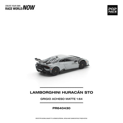Model car of Lamborghini Huracán Sto on a white background with branding text.