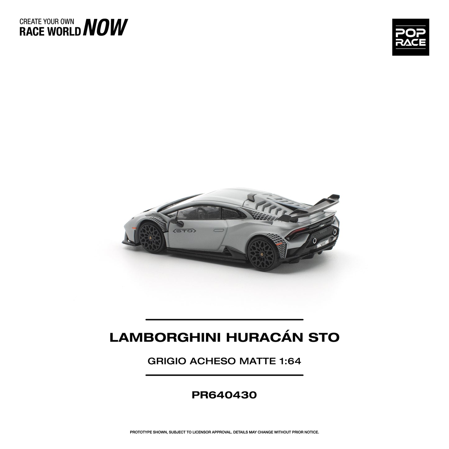 Model car of Lamborghini Huracán STO on a white background with branding text.