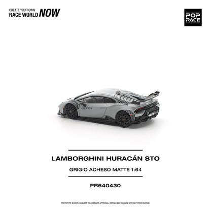 Model car of Lamborghini Huracán STO on a white background with branding text.