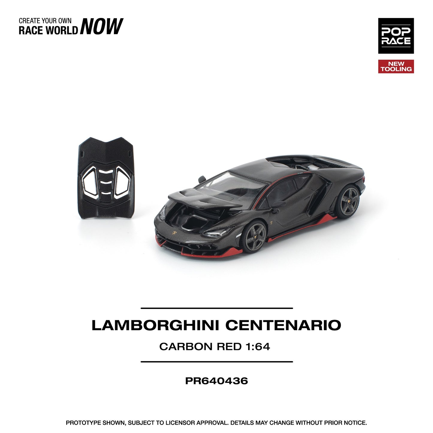 Model Lamborghini Centenario car and remote control on a white background with branding text, which is made by Pop Race
