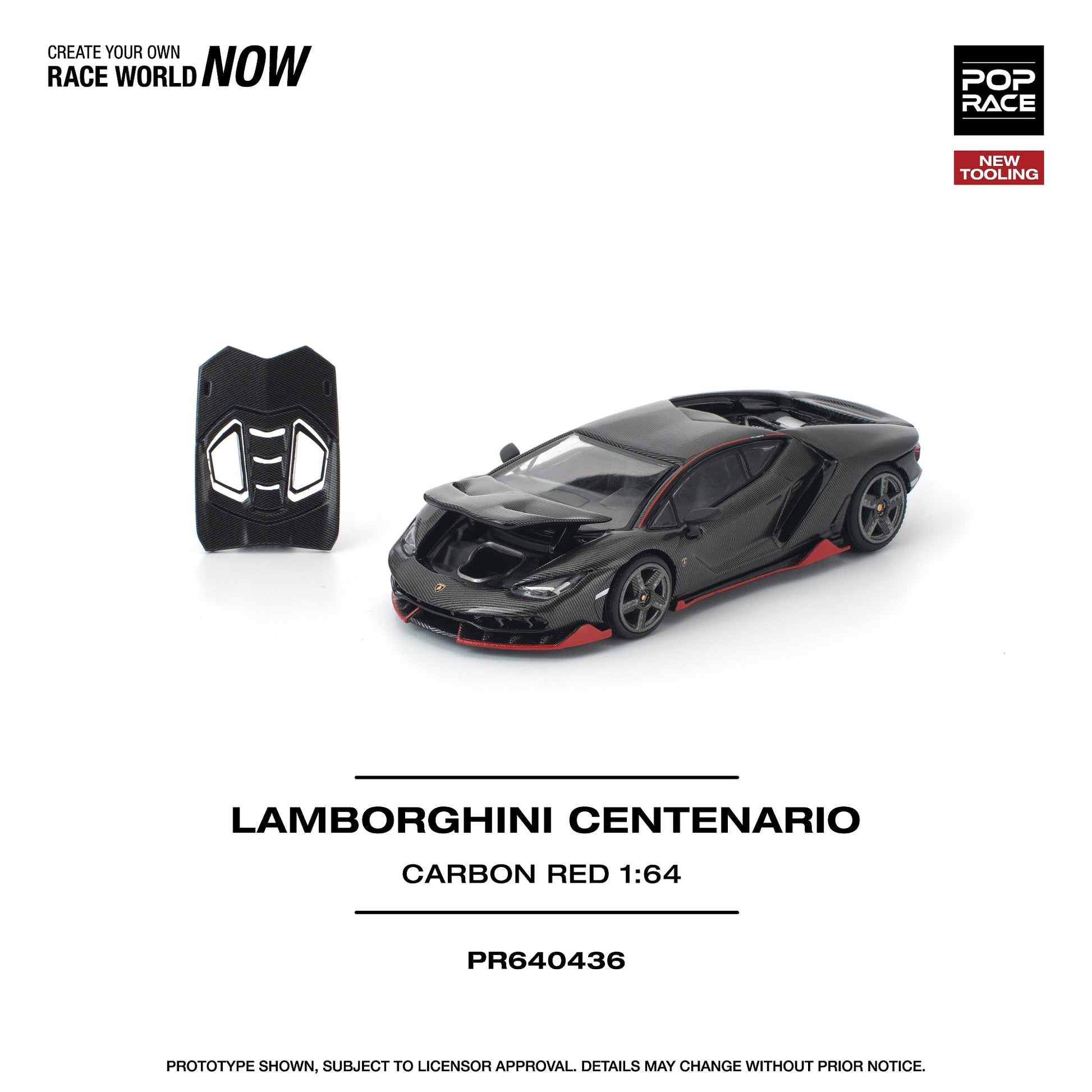 Model Lamborghini Centenario car and remote control on a white background with branding text, which is made by Pop Race