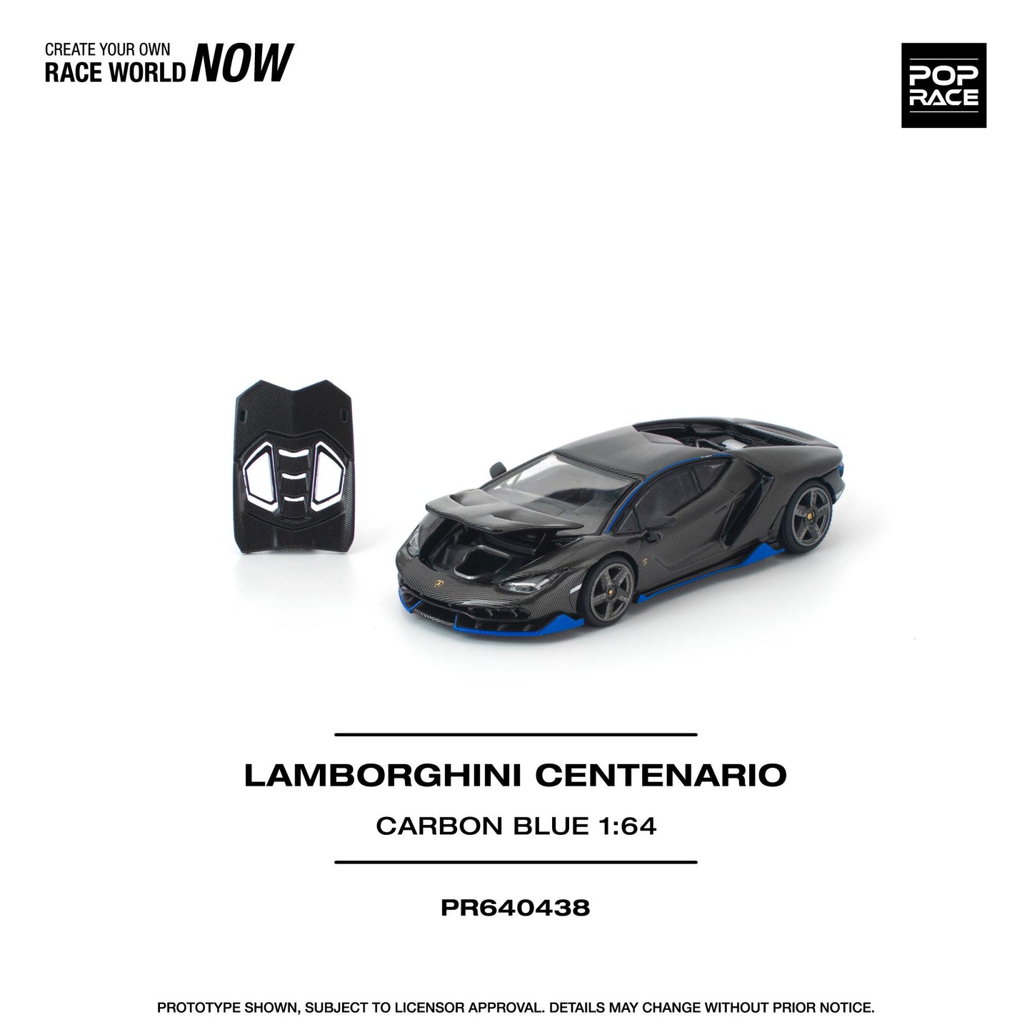 Model Lamborghini Centenario car with remote control on a white background, featuring Pop Race branding.