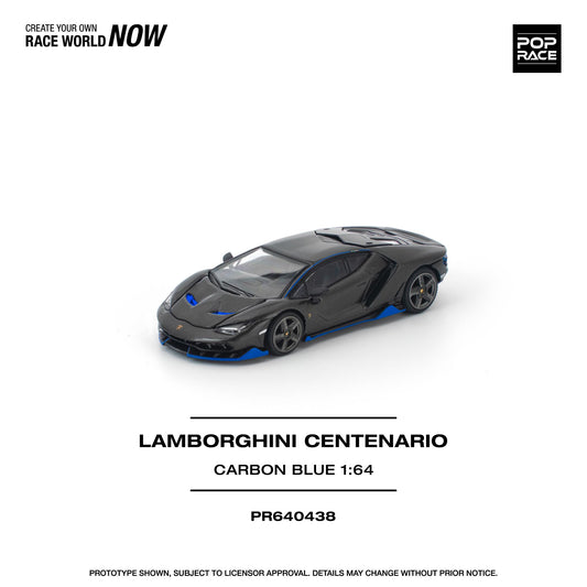 Model of a Lamborghini Centenario in carbon blue on a white background with branding text.