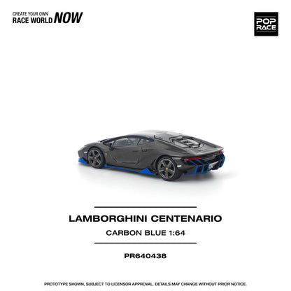 Model car of a Lamborghini Centenario in carbon blue on a white background with branding elements.