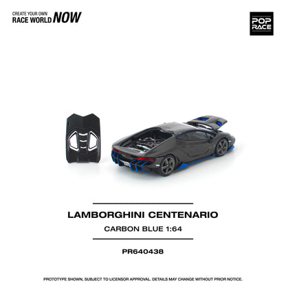 Model of a Lamborghini Centenario in carbon blue on a white background with branding elements.
