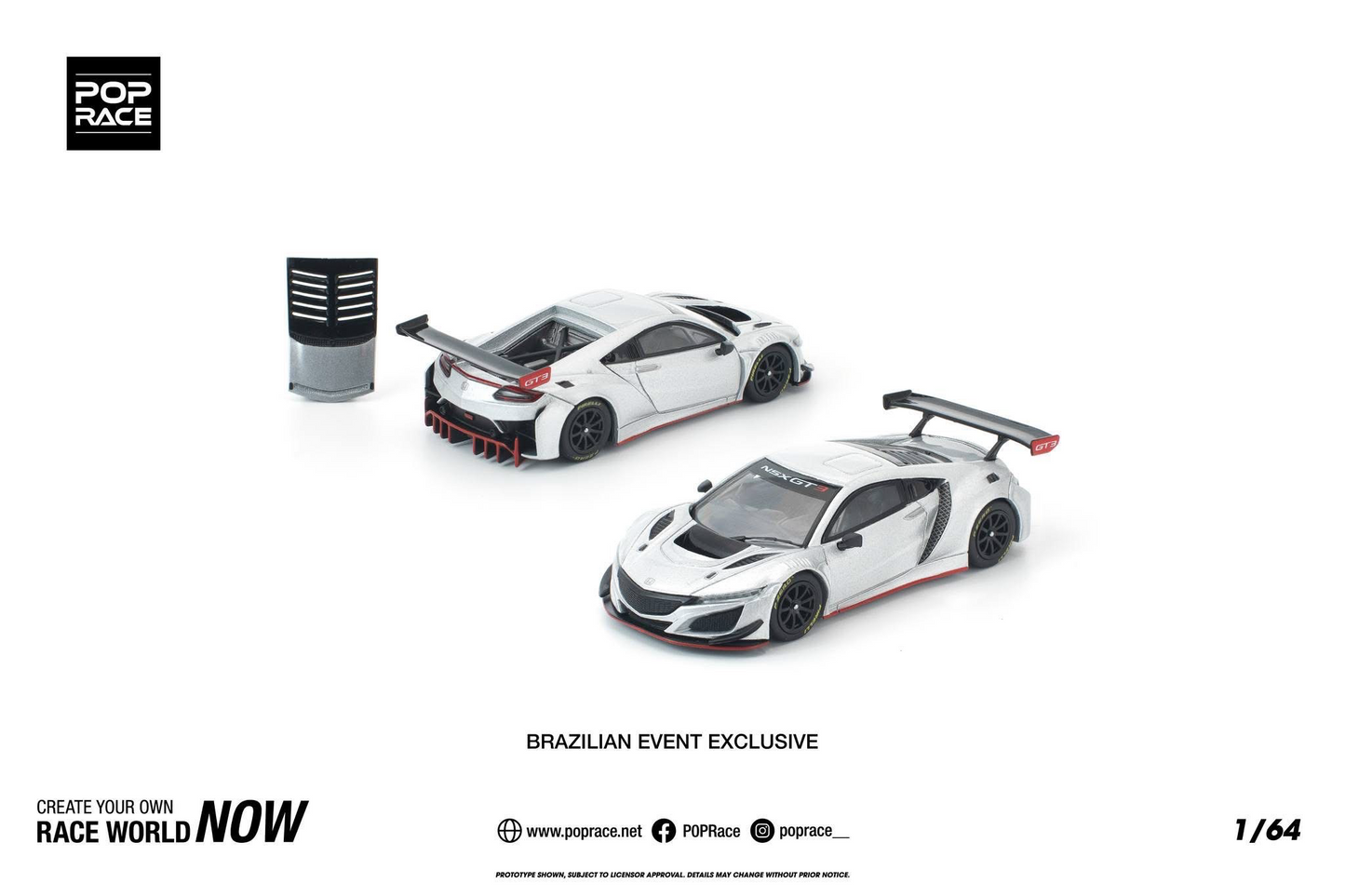 Pop Race 1:64 Honda NSX GT3 Brazilian Event Exclusive in white shown from front and rear three-quarter views with removable rear body cover, featuring GT3 racing aero, large rear wing and detailed wheels for diecast model collectors.