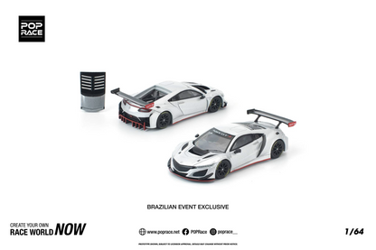 Pop Race 1:64 Honda NSX GT3 Brazilian Event Exclusive in white shown from front and rear three-quarter views with removable rear body cover, featuring GT3 racing aero, large rear wing and detailed wheels for diecast model collectors.