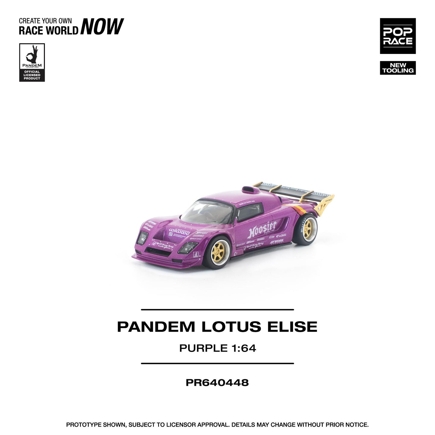 Purple model car of a Pandem Lotus Elise on a white background with branding and product details.