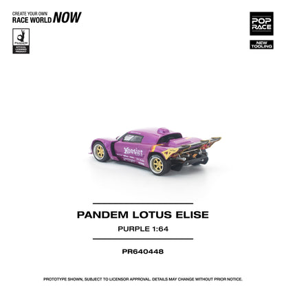 Purple model car of a Pandem Lotus Elise on a white background with branding and product details.