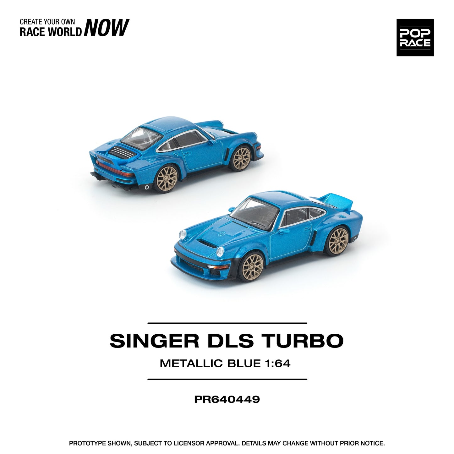 Blue Singer DLS Turbo model car with 'Pop Race' branding on a white background