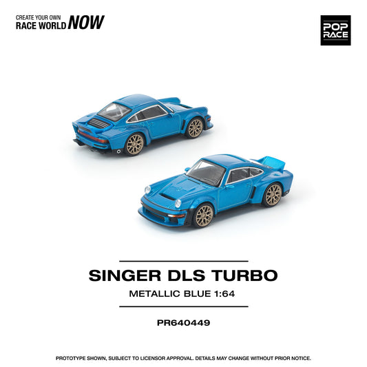 Blue Singer DLS Turbo model car with 'Pop Race' branding on a white background