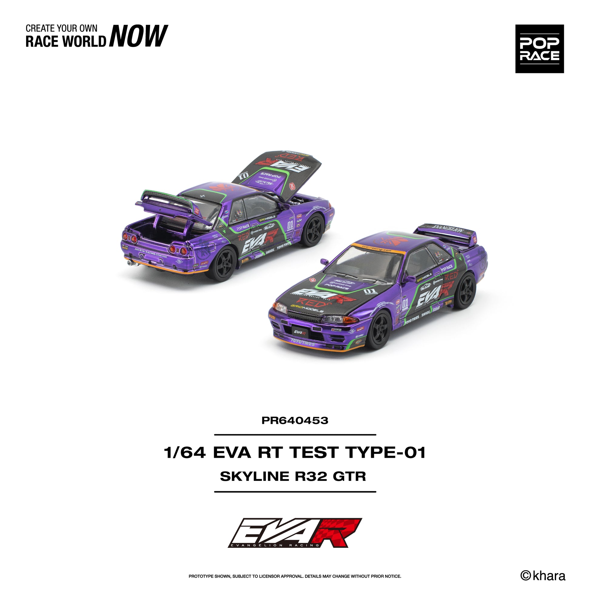 Model car of a Skyline R32 GTR with branding and text on a white background