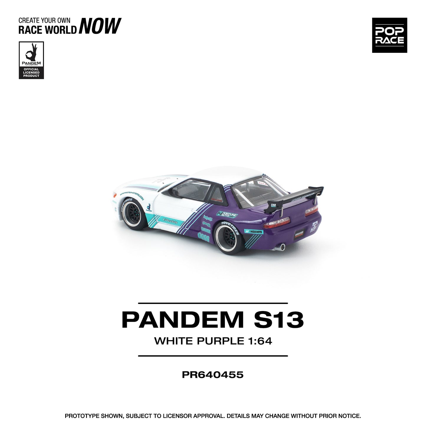 Model car 'Pandem S13' in white and purple on a white background with branding elements.