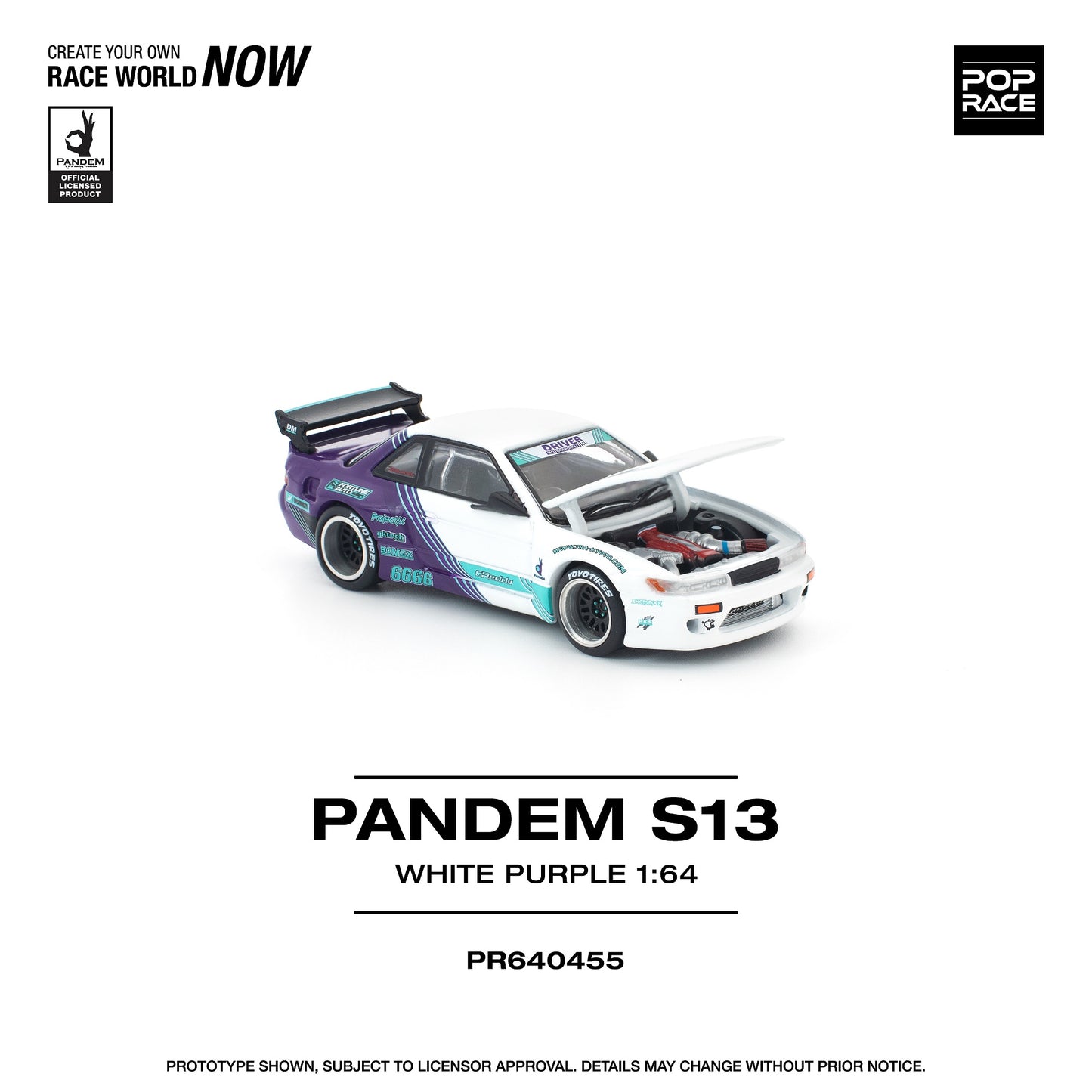 Model car of a white and purple Pandem S13 on a white background with branding elements.
