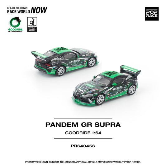 Two model cars of Pandem GR Supra with branding on a white background