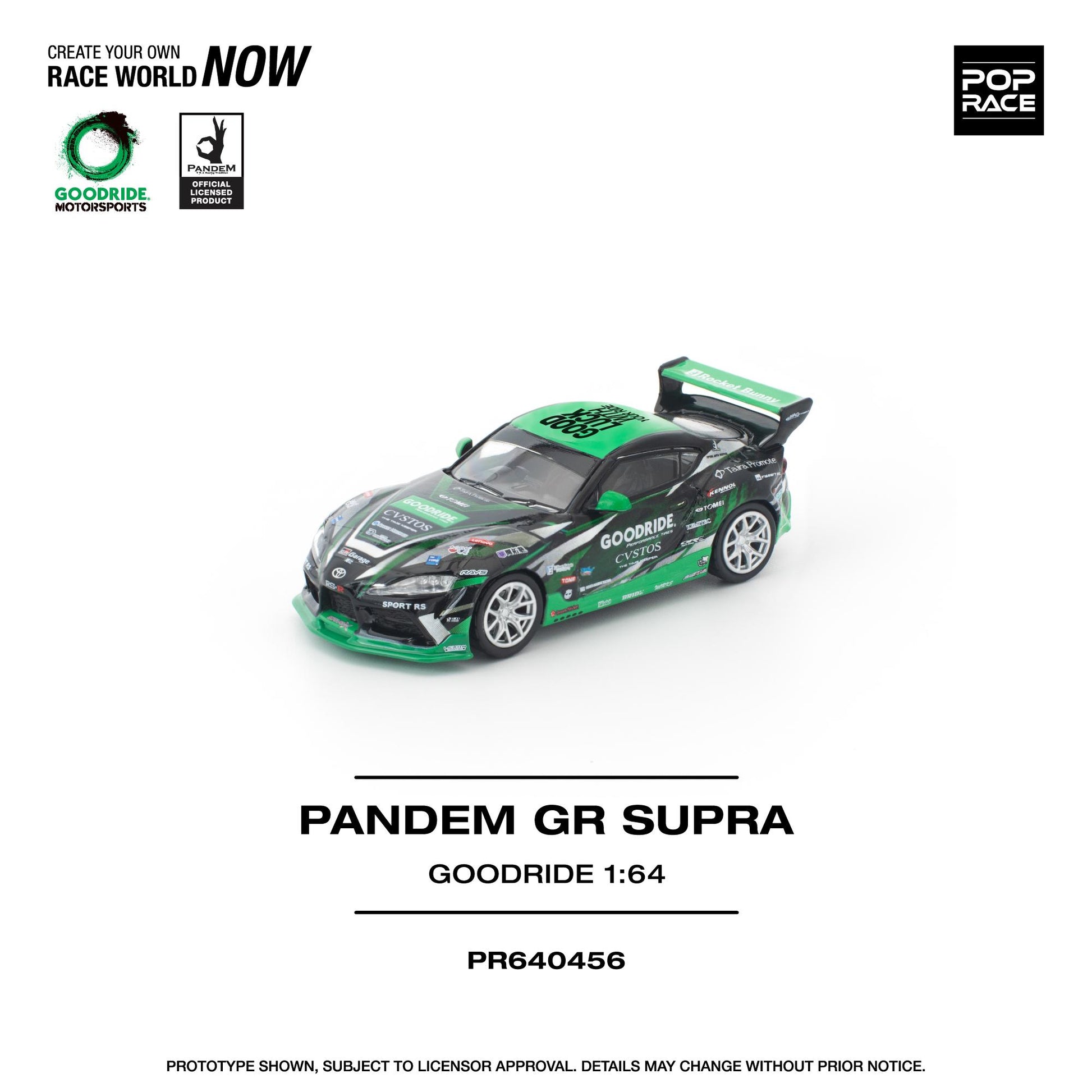 Model car of a Pandem GR Supra on a white background with branding and product details.
