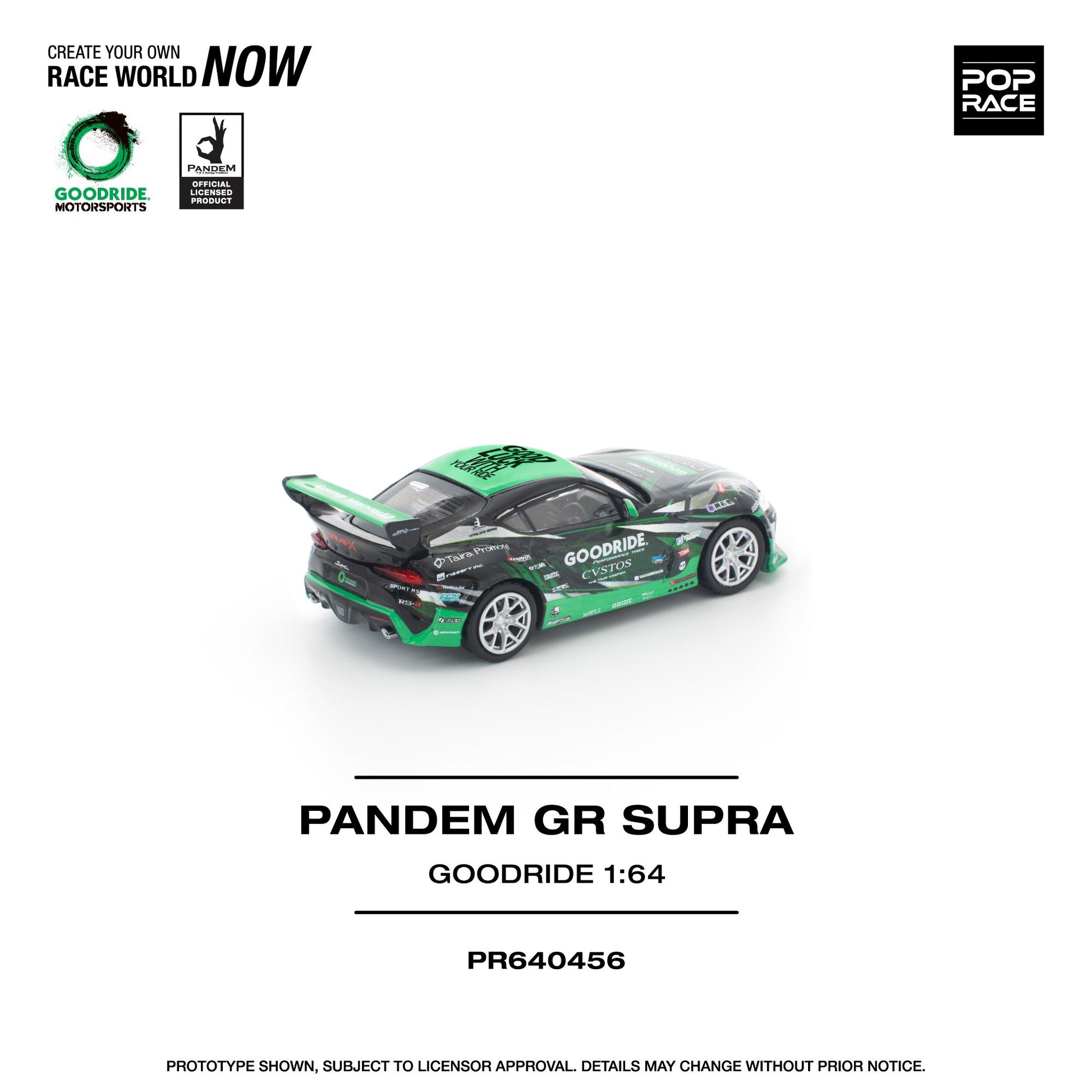 Model car of a Pandem GR Supra with branding and product details on a white background