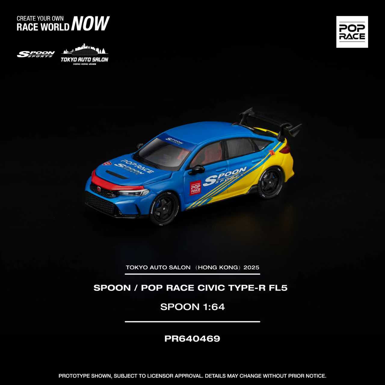 Model car of a Spoon / Pop Race Civic Type-R FL5 on a black background with branding and product details.