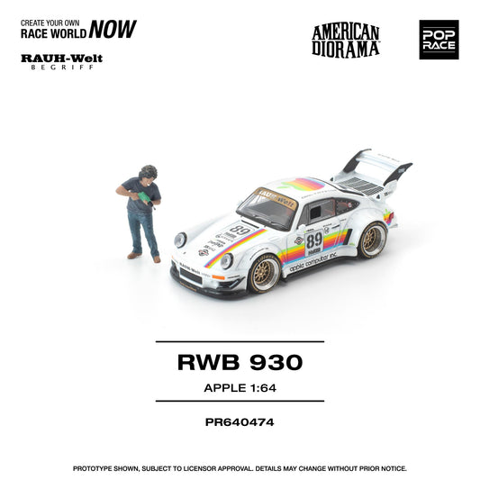 Model car RWB 930 with rainbow design on a white background, featuring branding of American Diorama and Pop Race.