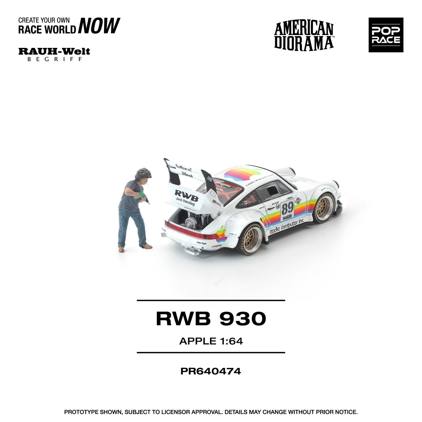 Model car kit of a white race car with colorful stripes and a person figure on a white background, featuring branding for American Diorama and Pop Race.