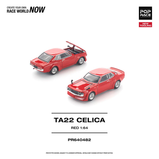 Red model car TA22 Celica on a white background with branding text.