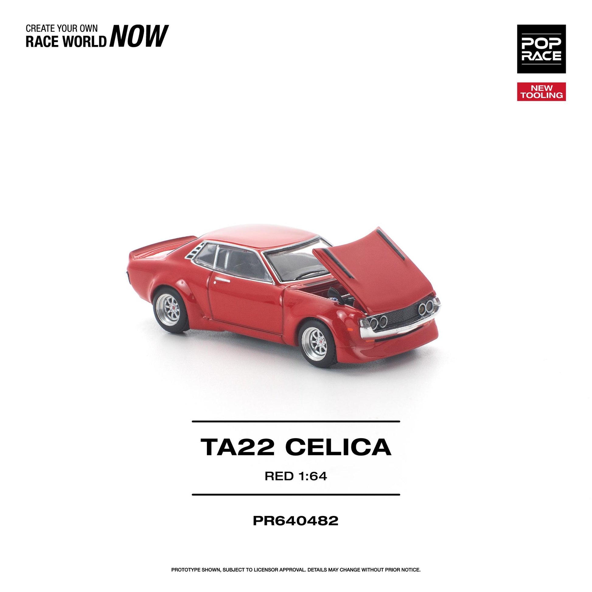 Red model car TA22 Celica on a white background with branding text.
