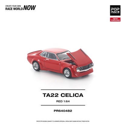 Red model car TA22 Celica on a white background with branding text.