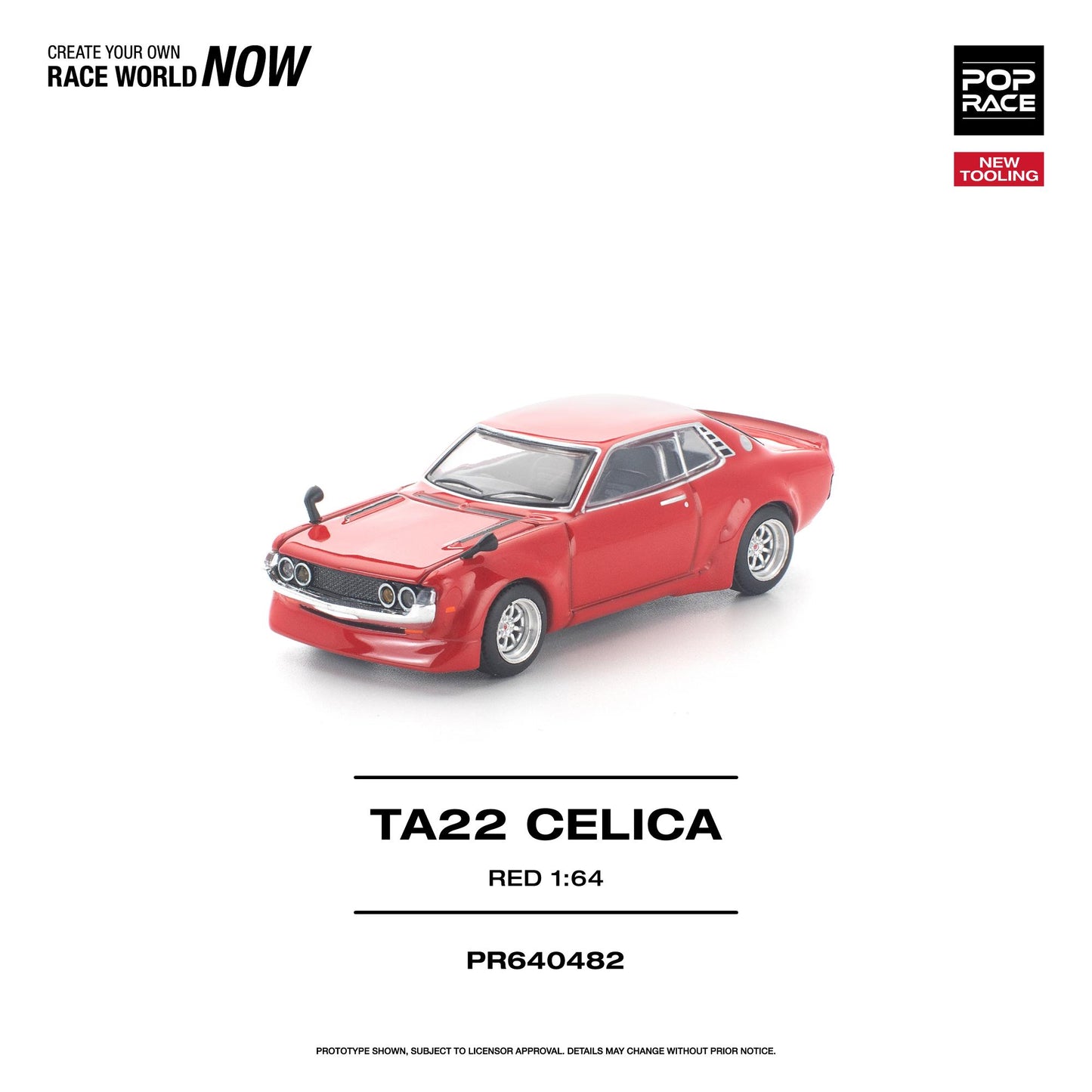 Red model car TA22 Celica on a white background with branding text.