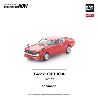 Red model car TA22 Celica on a white background with branding text.