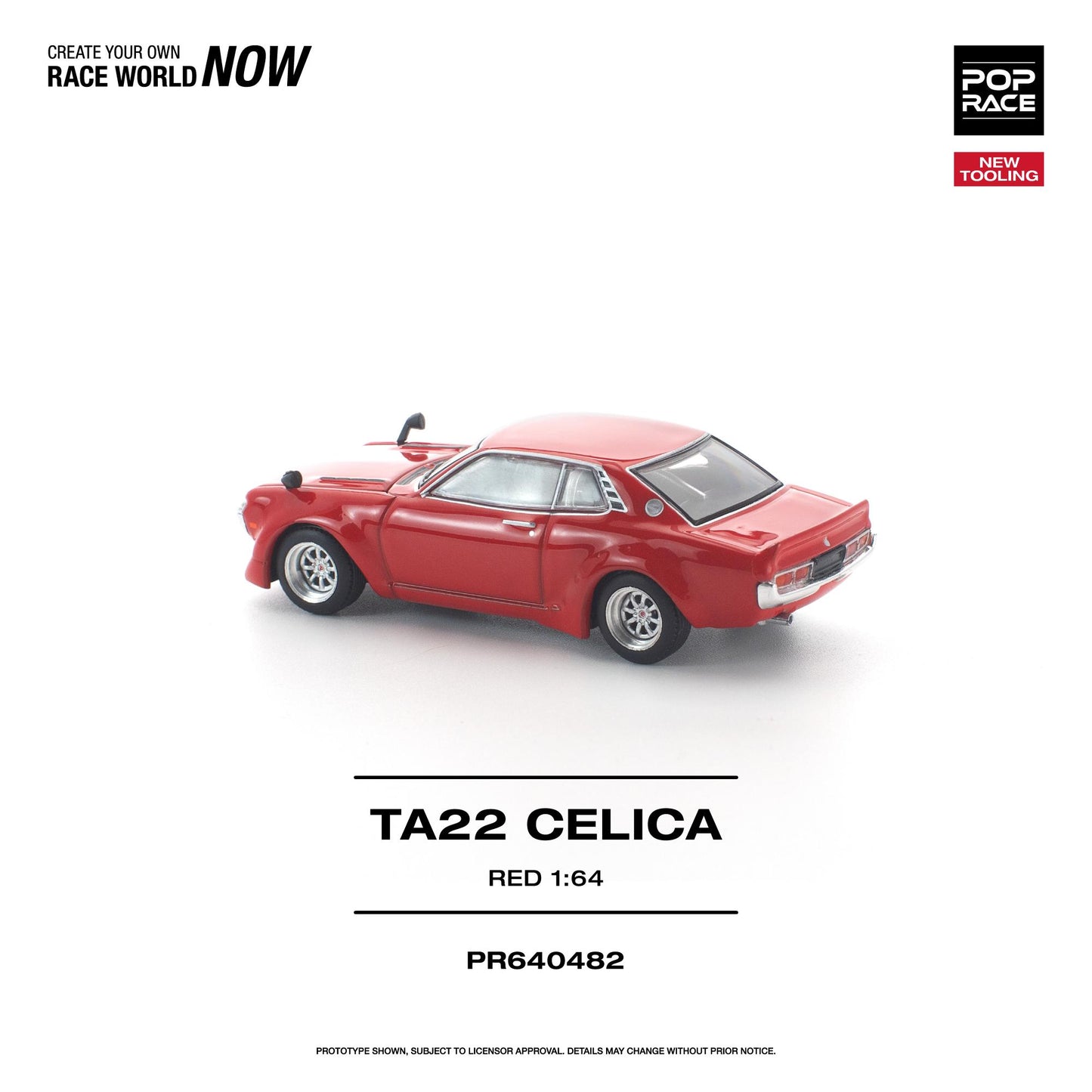 Red model car TA22 Celica on a white background with branding text.