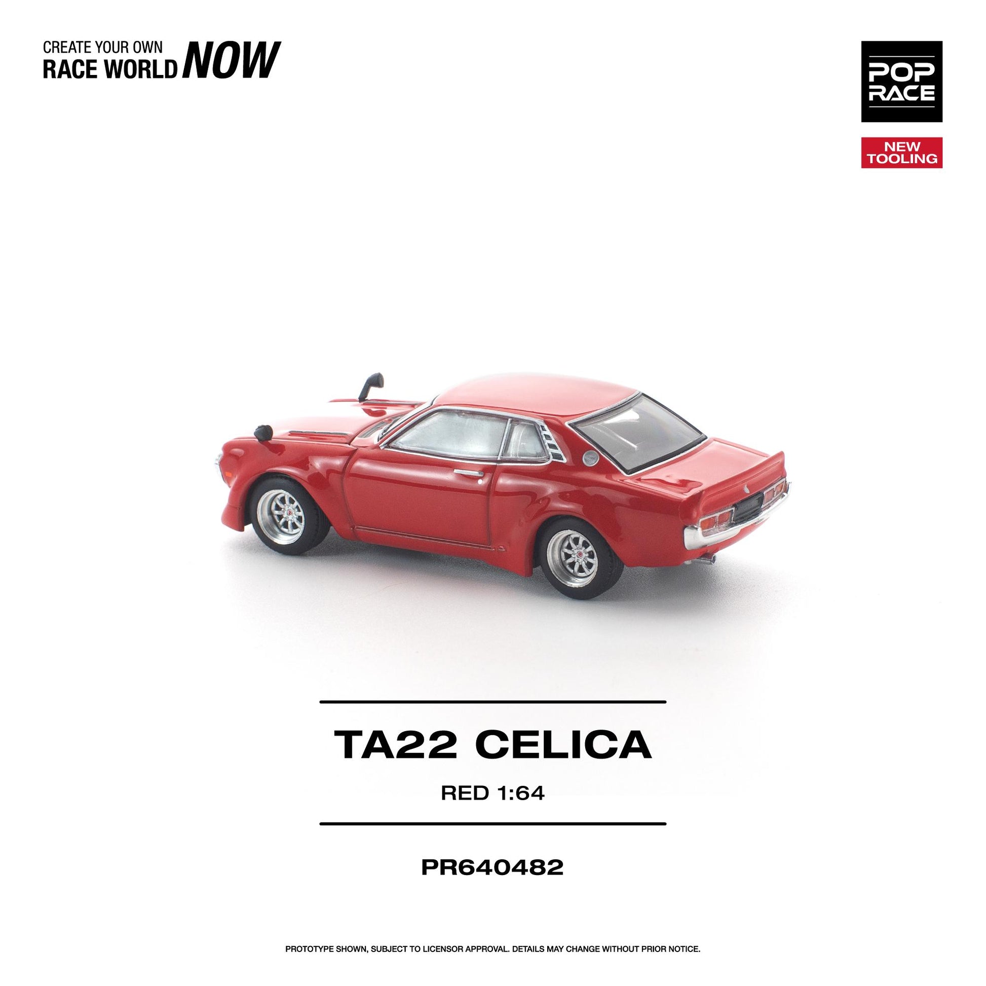 Red model car TA22 Celica on a white background with branding text.