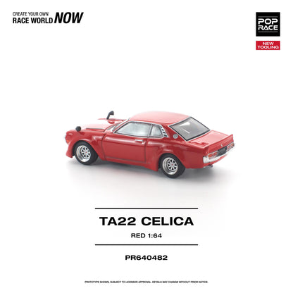 Red model car TA22 Celica on a white background with branding text.