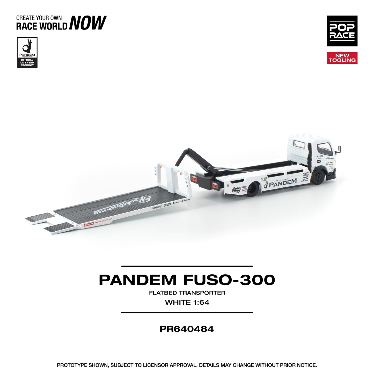 Model of a Pandem Fuso-300 flatbed transporter on a white background with branding and product details.